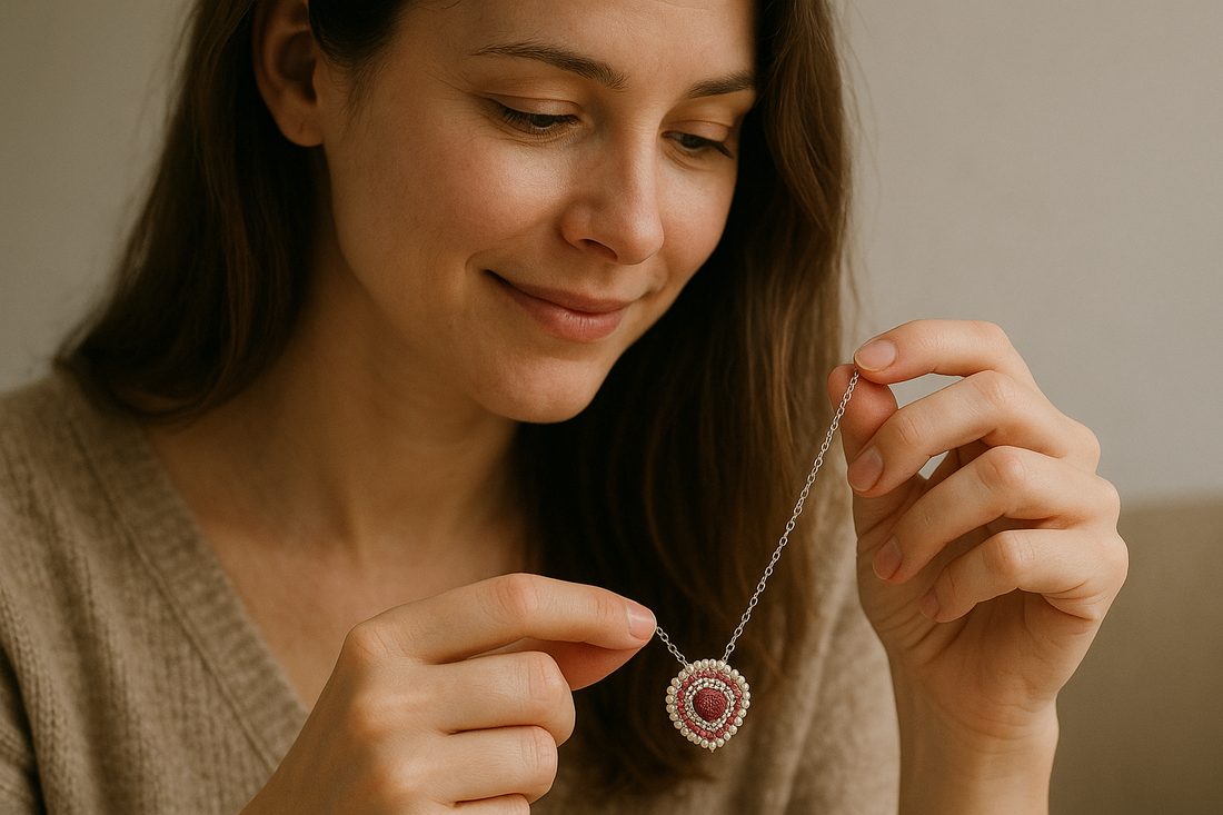 žena drží náhrdelník  - darček od priateľa