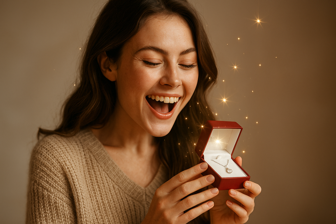 žena ktorá drží v ruke darček a je štastná