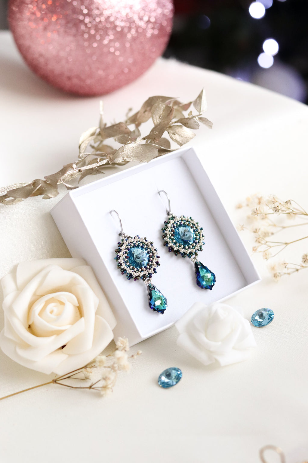 Šité náušnice “Classic” akvamarínové